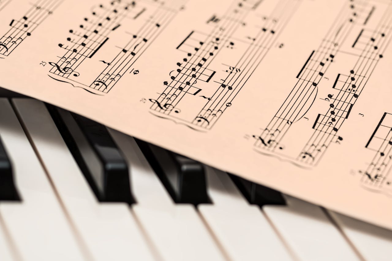 services-02 Black and white piano keys with a sheet of classical music creating a harmonious composition.